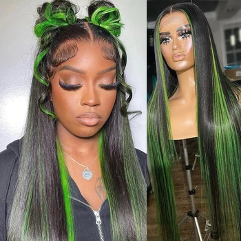 13x6 HD Прямой кружевной фронтальный парик Черно-зеленый парик с мелированием Парики из натуральных волос Зеленый омбре Кружевной передний парик Длинные прямые парики