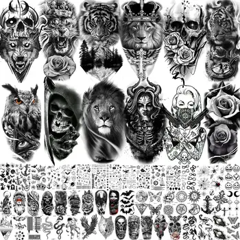 63 листы Черный лев Волк Временные татуировки для женщин Мужчины Рука Поддельный Тигр Татуировка Наклейка Страшный Череп Скелет Тату Сова Цветок