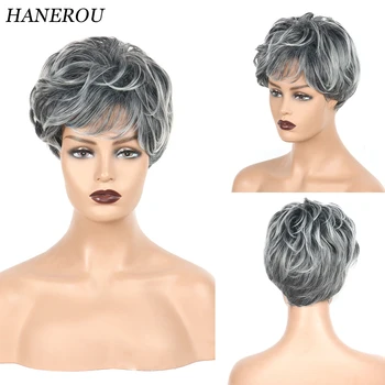 HANEROU Короткие серебристо-серые прямые парики Синтетические парики Pixie Cut Женщины Парик со смешанными волосами для ежедневной вечеринки Косплей