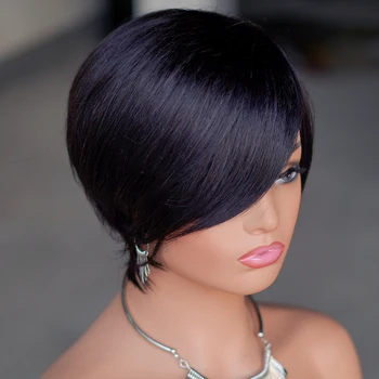 Pixie Cut 100% Парик из натуральных волос с боковой челкой для женщин Короткий многослойный парик из натуральных черных волос Бразилии