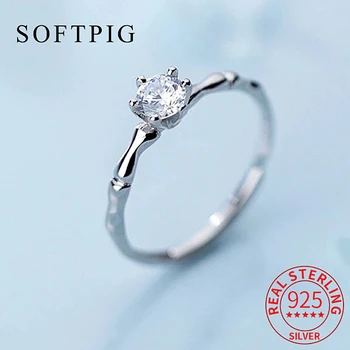 SOFTPIG Real 925 Стерлинговое серебро Геометрическое круглое цирконовое регулируемое кольцо для женщин Свадебное милое ювелирное искусство минималистичное бижутерия