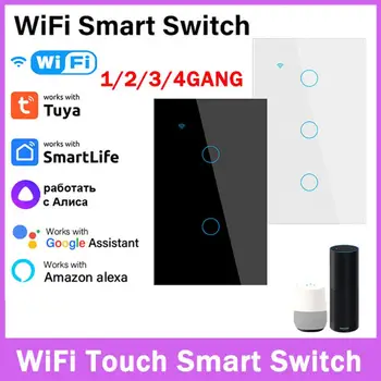 Tuya Smart Wifi Сенсорный переключатель Wi-Fi Нейтральный провод не требуется Умный дом 1/2/3/4 Групповой выключатель света Поддержка Alexa Google Home Приложение Tuya