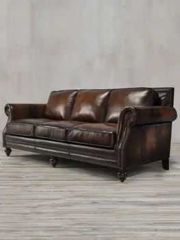 американский диван из натуральной кожи, маленькая гостиная, ретро одноместный двухместный трехместный масляный воск кожа, простое европейское кожаное искусство
