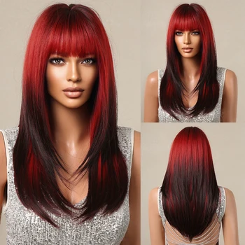 Длинный многослойный синтетический парик омбре красные блики коричневый прямой парик из натуральных волос для женщин африканская вечеринка косплей термостойкий