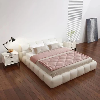 Кровать от пола до потолка, хлопчатобумажная и льняная главная кровать, кремовый стиль, современная простая двуспальная кровать