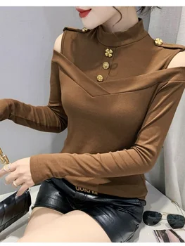 Модная полая блузка с открытыми плечами на пуговицах Женская одежда 2023 осень-зима Новые повседневные пуловеры Свободная рубашка для поездок на работу