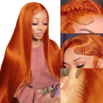 Рыжий Оранжевый Кружевной Передний Парик Парик Человеческие Волосы Прямые 13x4 HD Прозрачные Кружевные Фронтальные Парики Предварительно Выщипанные С Детскими Волосами Для Женщин