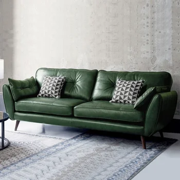 Северная кожа двуспальный трехместный кожаный диван гостиная диван ретро индустриальный стиль темно-зеленый восковая кожа