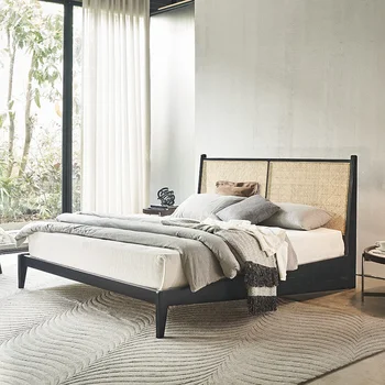 Скандинавская кровать из массива дерева кровать Кровать из ротанга в японском стиле, дизайнерская классическая главная спальня, маленькая семейная двуспальная кровать PJ